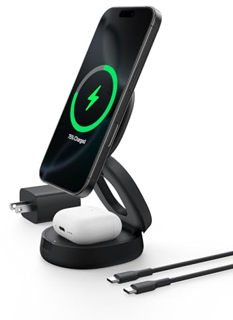 Belkin MagSafe Charger Compatible, 2-in-1 Qi2 Wireless Charging Station 15W, Convertible Charger for iPhone 17, Apple Watch, AirPods, Pixel 10, Portable Phone Stand for Travel w/ 30W Adapter - Black