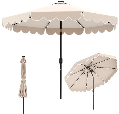 COSTWAY Sombrilla Terraza Exterior 3x3M, Sombrilla Solar Patio con 24 Luces LED, Parte Superior Ventilada, Volantes, Ajuste de Inclinación, Manivela Fácil, 8 Varillas, Parasol Mercado (Beige, con Luz)