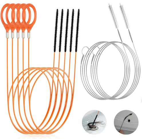 7 Piezas Desatascador Tuberias, Desatascador Fregadero Flexible Antirrotura de 76 cm y Cepillo de Limpieza de 150 cm Removedor de Cabello para Fregadero, Ducha, Bañera y Tuberías