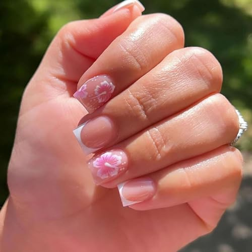 24PCS French Tip Press on Nails – Short Square Shape with Pink & White Glossy Hibiscus Design – Full Cover Acrylic False Nails for Women – Stick On Nail Set with Manicure Tools Included