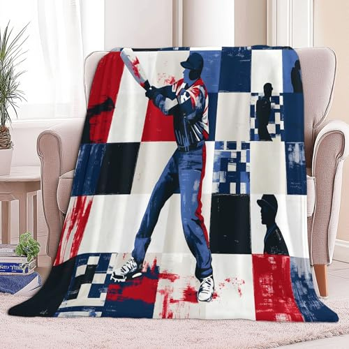 Coperta Pile Singolo Matrimoniale Modello Patchwork Baseball Plaid Divano e Letto Coperte Pile di Flanella Calda MorbidaBlu, per Letto Divano Sedia, 150 x 200 cm
