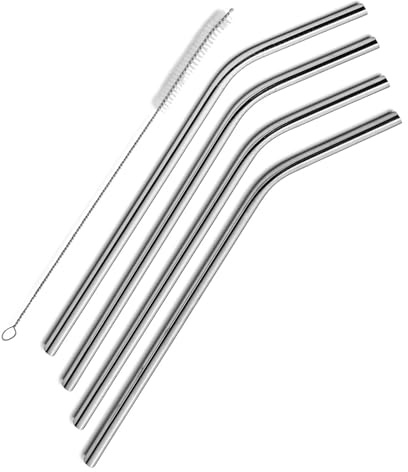 Paille Inox Lot de 4 pailles en acier inoxydable, courbées et réutilisables, avec brosse nettoyage incluse(6mm)