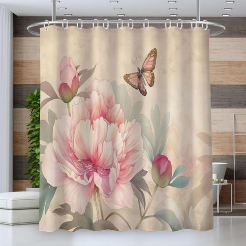 Duschvorhang 120x180 cm Blumenmuster Duschvorhang Schmetterlingsmuster Bad Vorhang Anti Schimmel Wasserdicht 3D Shower Curtains Waschbar Polyester Stoff Duschvorhänge für Badewanne Badezimmer E-1731