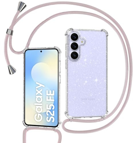 Tikgue Handykette für Samsung Galaxy S25 FE 5G Hülle mit Band, Handyhülle mit Kordel zum Umhängen Schutzhülle mit Kette Glitzer Transparent Weich TPU Silikon Bumper - Roségold