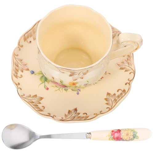 FUNNETOYU Juego de Taza de Café Retro de Cerámica Esmaltada 3 Piezas Taza Platillo y Cuchara Diseño Vintage Europeo Apto para Té y Agua en Hogar Oficina y Fiestas