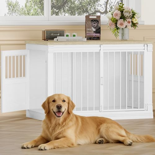 HEXCELEN 101cm Hundekäfig-Möbel, Hundebox für Zuhause mit 3 Türen | Hundebox Holz, Schiebetüren, für Kleine, Mittlere, Große Hunde, Robuster, Beistelltisch, Weißeiche und Weiß
