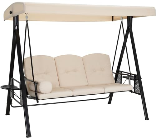 YODOLLA 3 Seater Garden Swing Chair with Adjustable Canopy & Cushions - Outdoor Swing Bench for Patio/Backyard, Beige