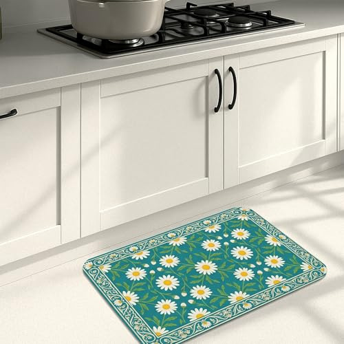 Tapetes de cocina florales de crisantemo para piso, tapetes suaves botánicos vintage de flores verdes, acolchados con resorte, cómodos, lavables, para fregaderos de cocina, lavandería, baño, 20 x 31
