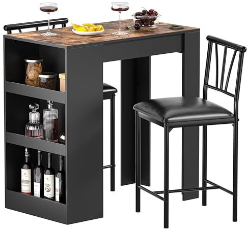 VECELO Ensemble Table de Bar Industriel avec 2 Chaises Rembourrées, Table avec 3 Étagères de Rangement pour Salle à Manger, Cuisine, Salon, Bistrot, Gris