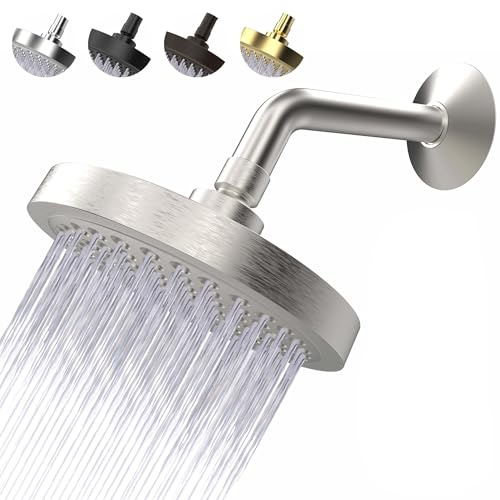 High Pressure Shower Head - Anti-Clogging Silicone Nozzles 2.5 GPM Removable Restrictor - Easy to Clean and Install - Includes Plumbers Tape - 6 inch - (Brushed Nickel 2.5GPM)