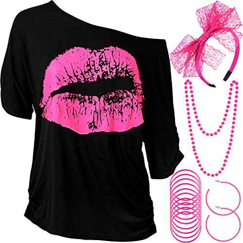 Ensemble d'Accessoires de Costume de Femmes des Années 80, T-Shirt Lèvre Imprimée Bandeau en Dentelle Boucles d'oreilles Collier Bracelet pour Fête à Thème des Années 80(Rose Rouge,XXL)