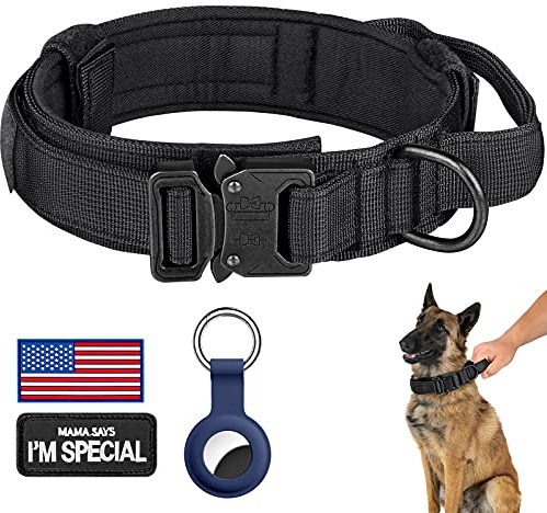DAGANXI Tactical Dog Collar, Adjustable Military Training Nylon Dog Collar with Control Handle and Heavy Metal Buckle for Medium and Large Dogs, with Patches and Airtags Case (L, Black)
