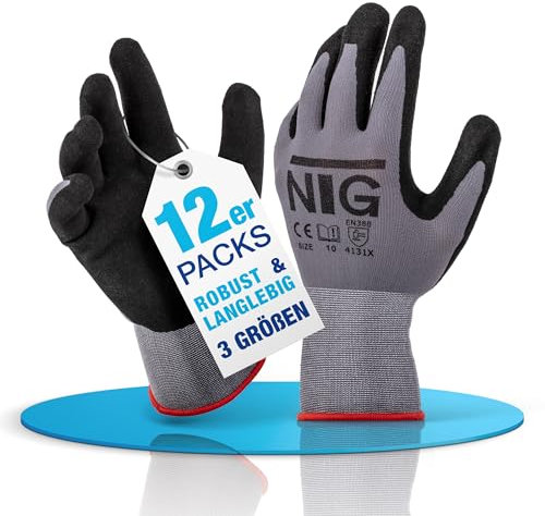 NTG 12 Paar robuste & komfortable Handschuhe Arbeitshandschuhe Größe 10 - Arbeitshandschuhe Damen - Gartenhandschuhe Herren - Mechaniker Handschuhe Herren mit feinen Tragegefühl