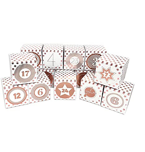 Frau WUNDERVoll® DIY Adventskalender Vorfreude zum Befüllen,Faltschachteln rosegold Sterne 7x7x7cm(gefaltet),XL Ziffern rosegold/Weihnachten,Aufkleber,Würfelbox,Schachteln