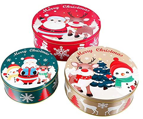 HEMOTON Boîtes à Biscuits de Noël, 3 Pièce Boite Metal Noel, Multifonctionnel Boîtes à Biscuits avec Couvre, Boites Metal Biscuits pour Biscuits, Chocolat, Bonbons