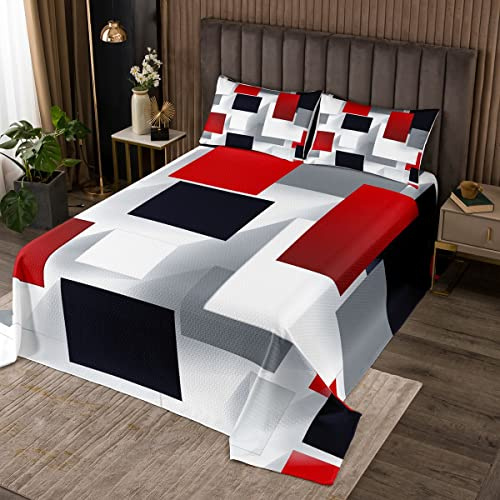 feelingyou 3D Tagesdecke,Rot Schwarz Grau Abstrakt Quadratische Tagesdecke Set für Kinder Mädchen Schlafzimmer Dekor,Bunt Karierter Druck Dekorative Mikrofaser gesteppt mit 1 Kissenbezug, 2 Stück
