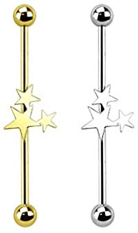 Paula & Fritz Industrial Ohr-Piercing Stab Sterne Chirurgenstahl 38-mm Stab-länge 1.6-mm Stab-Dicke Set Silber Gold Barbell Piercings Stern-Regen