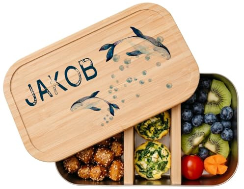 Manufaktur Liebevoll Brotdose mit Namen Wal | Vesperdose personalisiert Kinder | Brotdose Wal | Kinder Brotdose personalisiert | Lunchbox für Mädchen u. Jungen Kindergarten Schule Brotbox