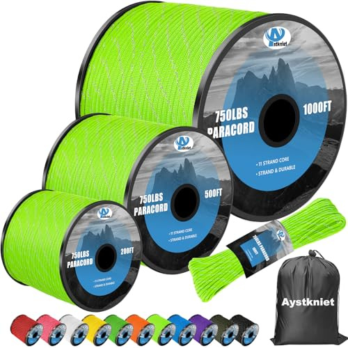 750Ib Reflective Paracord Rope,200', 4mm 11 Strand Parachute Spool Cord with Collecting Bag, para Cord Lanyard for Hammock, Camping, Hiking