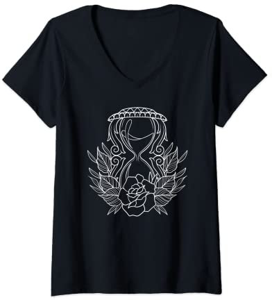 Damen Amerikanische traditionelle Sanduhr mit Rosenumriss-Tattoo T-Shirt mit V-Ausschnitt