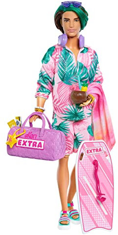 Barbie Extra Fly - Ken Reisepuppe mit tropischem Outfit, Boogie Board, Seesack und Zubehör für kreatives Geschichtenerzählen, beweglicher Körper, für Kinde ab 6 Jahren, HNP86