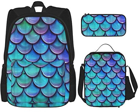 CARRDKDK Set di 3 zaini con stampa triangoli gialli e marroni, per la scuola, con portapranzo e astuccio, per ragazzi e ragazze, Pesce d'acqua della sirena, Taglia unica
