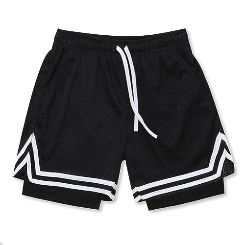 Oanviso Shorts de Basketball pour Homme Shorts Classique Tissu de Shorts de Sport Loose Fit Shorts d'entraînement avec Poches Élasticité Respirant Short de Basket Pantalons Courte E Noir L