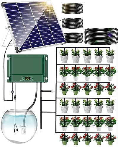 NFESOLAR Système d'irrigation solaire goutte à goutte, système d'arrosage automatique pour 30 plantes en pot, kits d'arrosage automatique 10 W avec minuteur, irrigation, plates-bandes surélevées,
