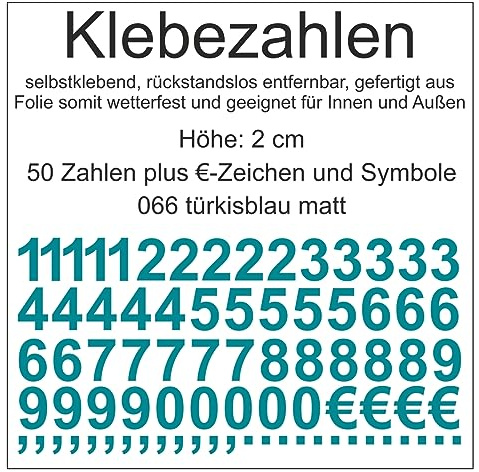Aufkleber Sticker Klebezahlen Klebezahl Zahlen Zahl Nummern aus Folie 50 Zahlen blau türkis türkisblau matt Höhe 2 cm selbstklebend wetterfest Nummerierung Preisauszeichnung Beschriftung Modellbau