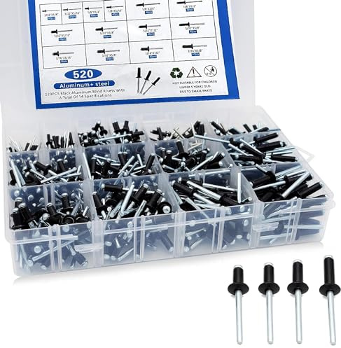 520-teiliges Pop-Nietensortiment, 14 SAE-Größen, schwarze Aluminium-Nieten, Kombinationsset (3/32 Zoll, 1/8 Zoll, 5/32 Zoll, 3/16 Zoll, 1/4 Zoll), verschiedene Blindnieten mit verstärkter Trennwand
