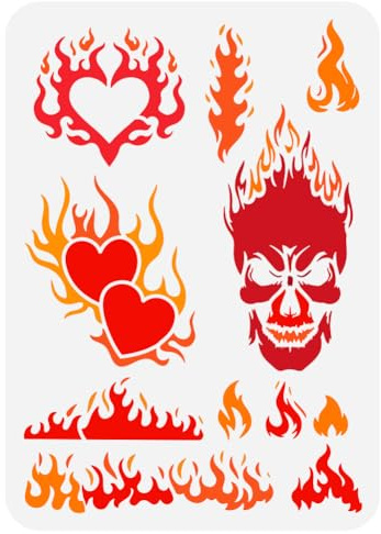 FINGERINSPIRE Flammen Malschablone 21x29.7 cm Große Feuermuster Schablone Zum Malen Wiederverwendbar Herzmuster Zeichenvorlage Kunststoff Schädel Schablone Graffiti Themen Vorlage Für Kunsthandwerk