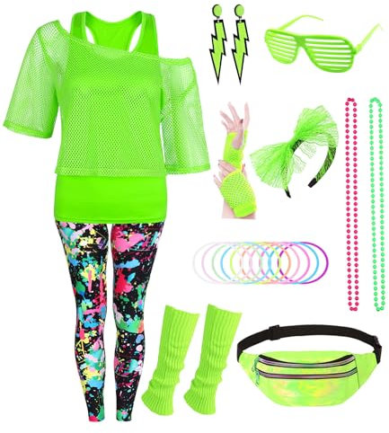 80er 90er Jahre Outfit Damen 20 Stück 80iger Retro Kostüm Off Shoulder Netzshirt Frauen mit Leggins Neon Kleidung Zubehör Set Bauchtasche Ohrring Netzhandschuhe Armband Halskette Bad Taste Outfit 20XL