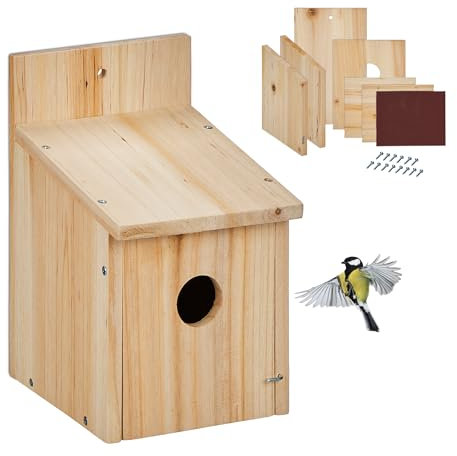 Relaxdays Casa per Uccellini, Casetta Nido in Kit in Legno, da Appendere, Sportello con Foro, HLP 23x14x18 cm, Naturale, 23 x 14 x 18 cm