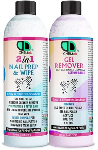 Nail Gel Polish Prep Wipe+Remover Salon Professional UV LED Nail Polish Cleaner Manicures & Pedicures Acetone Finishing Wipe Sticky Residue Remover Cleanser Brush Cleaner Foil Soak-Off Gel Kit 2x250ml