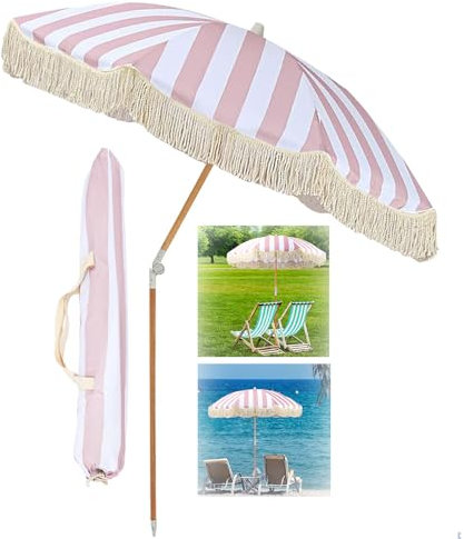 ACHZYFT 2m Kippbarer Garten Sonnenschirm, Rosa Und Weiß Gestreift, Outdoor Strandschirm Mit UV-Schutz Und Tasche, Leichter & Tragbarer Sonnenschirm Für Terrasse, Deck, Pool(Size:2M)