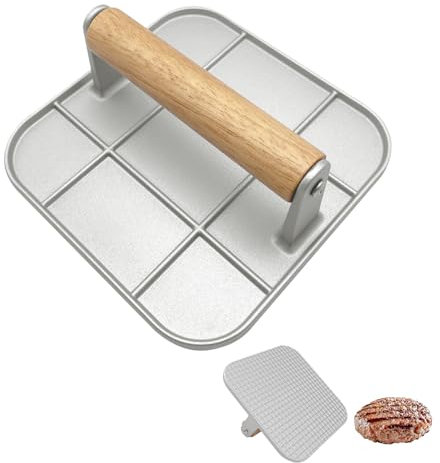 Foyucool Pressa per Hamburger, 16cm Quadrato Smash Burger Press, Impugnatura in Legno Resistente al Calore, per Hamburger, Cottura di Bistecche, Grigliate, Argentato