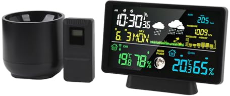 Wetterstation, Kabelloses Innen- und Außenthermometer, Digitales Wetterthermometer mit Farbdisplay und Regenmesser, 7,5 Zoll Heimwetterstationen mit Wetteruhr (EU-Stecker 100-240