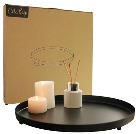 CeleBig® Deko Tablett Rund Ø40cm | Dekoteller und Dekotablett aus Metall Schwarz mit 3 stabilen Füßchen | Serviertablett Matt Schwarz | Tischdeko | Halter für Kerzen | Zeitloses Design | Geschenkidee