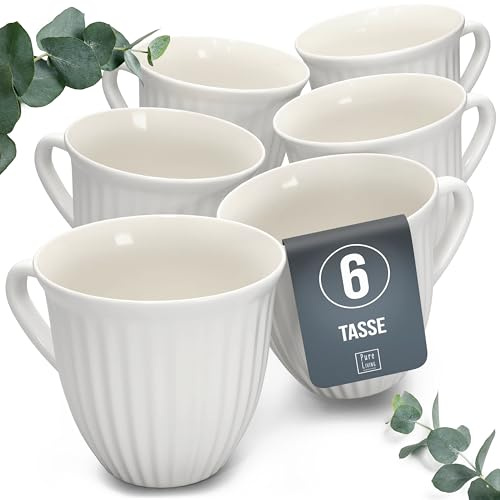 Steingut Kaffeetassen 6 Personen Hygge TESTSIEGER, Traumhaftes Skandinavisches Steingut Tassen Set, Stylisches Tee- und Kaffeebecher Set, Pure Living in Hellgrau