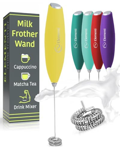 Elementi Milk Frother Handheld - Powerful Mini Coffee Frother Whisk - Hand Held Coffee Whisk Electric & Frappe Maker - Drink Mixer, Stirrer & Electric Milk Foamer (Double Whisk, Yellow)