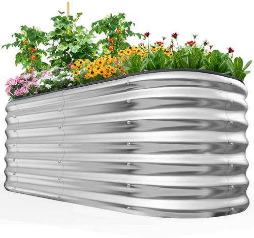 Quictent Hochbeet aus Metall,Rostfreies Pflanzenbeet oval Freistehende Gemüsebeet 180 x 90 x 62cm,Pflanzkasten für Blumen,Obst,Gemüse,Silber