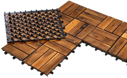 6m² Holzfliesen Terrassenfliesen Holz Fliesen Mosaik 30x30 cm - 66 STK Balkonfliesen wetterfest aus Akazienholz mit Klicksystem für Terrasse Balkon Stecksystem