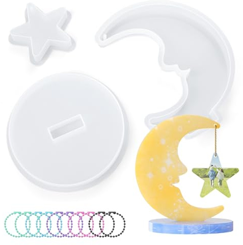 Waitamo Stampo Silicone per Resina, Stampi per Resina Luna Cornici con 10 Catenelle Stampi in Silicone per Resina Per Decorazione per Tavolo Conservazione Foto Fiori Freschi (Moon)