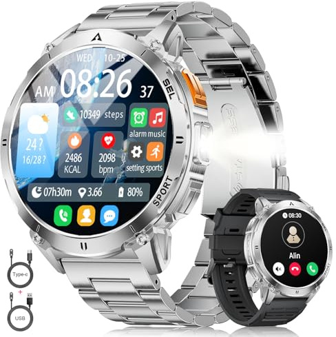 LIGE Reloj Inteligente Hombre con Linterna, 1.62 AMOLED Militar Smartwatch con Llamadas Bluetooth,730mAh Batería grande,110+ Modos Deportivos Pulsera Actividad, 24/7 Pulsómetro/Sueño para Android iOS