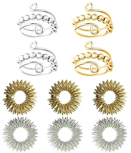 10 Stück Anti Stress Ring Set, 4 Verstellbare Drehringe Und 6 Akupressur Rings, Fidget Rings Für Stress Relief, Anxiety Ring Ideal Für Erwachsene und Kinder,skill ringe,fidget rings (Gold Silber)