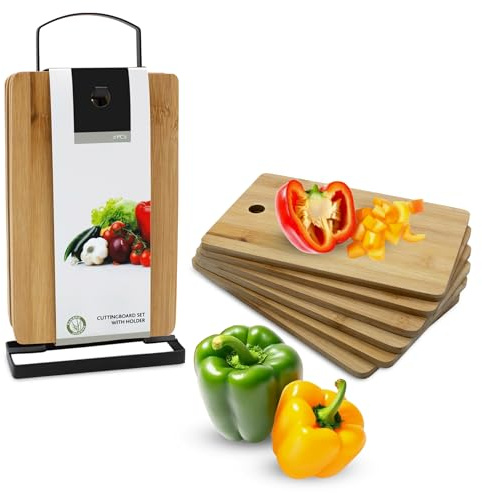 Tabla de desayuno de bambú con soporte de metal en negro, juego de 6, tablas de cortar de madera, resistentes a los cortes, 22 x 14 cm, con soporte, tablas de cocina, tablas de madera, pequeñas y