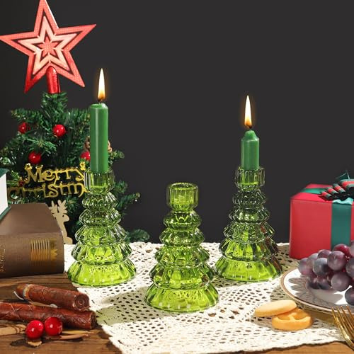 Joeyan Christmas Glass Candle Holders, Green Taper Tealight Candlestick Holders for Table Centerpieces, Small Xmas Tree Ornaments Decorations for Party Table Dinner, Set of 3