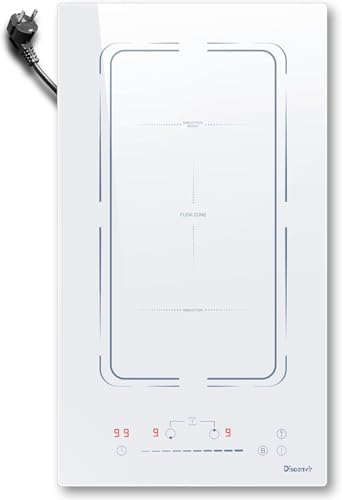 Disaenvir Plaque Induction 2 Feux avec Prise, Plaque à Induction Blanch 2 Feux, Zone Flexible, Table de Cuisson Encastrable 30CM, 3500W, Fonction Boost, Minuterie, Verrou de Sécurité, 220V