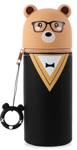 Lvjkes Silikon Federmäppchen, 2 in 1 Kawaii Federmäppchen, Cartoon Stand Up Einstellbar, Federmappe Langlebig und leicht zu reinigen, Für Kinder, Mädchen, Junge, Teenager (Brillenbär)