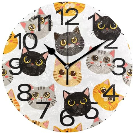 Kutsu Scale Cartoon Cat Faces Wall Clock Silent Non Ticking, Battery Operated Round Clock 10 Inch for Home Bedroom Living Room Kitchen Office School Classroom, Black